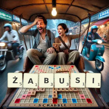 Kreatywna ilustracja do gry w Scrabble ze słowem ŻABUSI ułożonym z płytek na planszy.