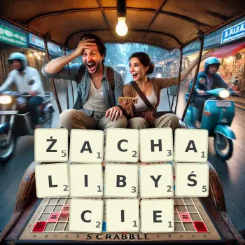 Kreatywna ilustracja do gry w Scrabble ze słowem ŻACHALIBYŚCIE ułożonym z płytek na planszy.