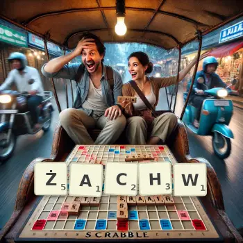 Kreatywna ilustracja do gry w Scrabble ze słowem ŻACHW ułożonym z płytek na planszy.