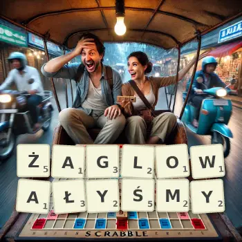 Kreatywna ilustracja do gry w Scrabble ze słowem ŻAGLOWAŁYŚMY ułożonym z płytek na planszy.