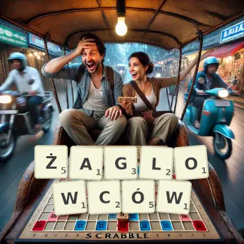 Kreatywna ilustracja do gry w Scrabble ze słowem ŻAGLOWCÓW ułożonym z płytek na planszy.