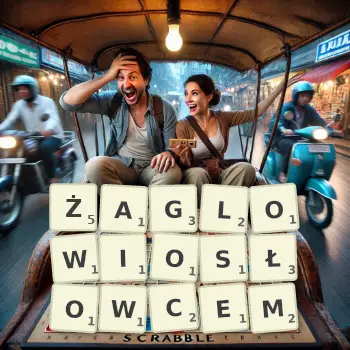 Kreatywna ilustracja do gry w Scrabble ze słowem ŻAGLOWIOSŁOWCEM ułożonym z płytek na planszy.