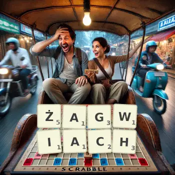 Kreatywna ilustracja do gry w Scrabble ze słowem ŻAGWIACH ułożonym z płytek na planszy.