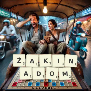 Kreatywna ilustracja do gry w Scrabble ze słowem ŻAKINADOM ułożonym z płytek na planszy.