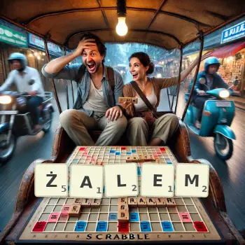 Kreatywna ilustracja do gry w Scrabble ze słowem ŻALEM ułożonym z płytek na planszy.