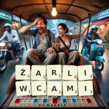 Kreatywna ilustracja do gry w Scrabble ze słowem ŻARLIWCAMI ułożonym z płytek na planszy.