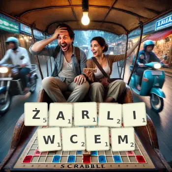 Kreatywna ilustracja do gry w Scrabble ze słowem ŻARLIWCEM ułożonym z płytek na planszy.