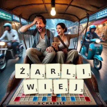 Kreatywna ilustracja do gry w Scrabble ze słowem ŻARLIWIEJ ułożonym z płytek na planszy.