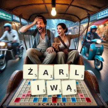 Kreatywna ilustracja do gry w Scrabble ze słowem ŻARLIWĄ ułożonym z płytek na planszy.