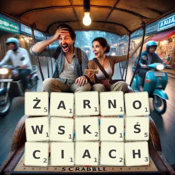 Kreatywna ilustracja do gry w Scrabble ze słowem ŻARNOWSKOŚCIACH ułożonym z płytek na planszy.