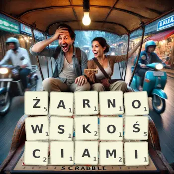 Kreatywna ilustracja do gry w Scrabble ze słowem ŻARNOWSKOŚCIAMI ułożonym z płytek na planszy.