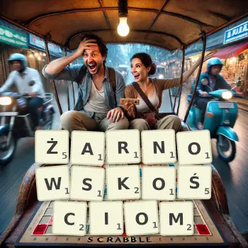 Kreatywna ilustracja do gry w Scrabble ze słowem ŻARNOWSKOŚCIOM ułożonym z płytek na planszy.