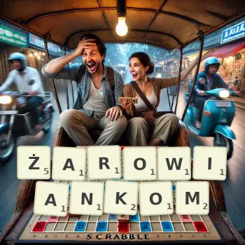 Kreatywna ilustracja do gry w Scrabble ze słowem ŻAROWIANKOM ułożonym z płytek na planszy.