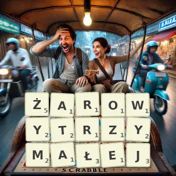 Kreatywna ilustracja do gry w Scrabble ze słowem ŻAROWYTRZYMAŁEJ ułożonym z płytek na planszy.