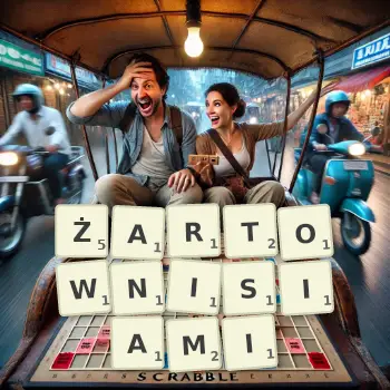 Kreatywna ilustracja do gry w Scrabble ze słowem ŻARTOWNISIAMI ułożonym z płytek na planszy.