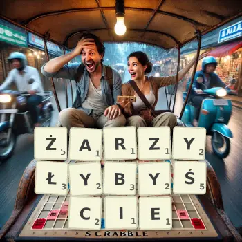 Kreatywna ilustracja do gry w Scrabble ze słowem ŻARZYŁYBYŚCIE ułożonym z płytek na planszy.