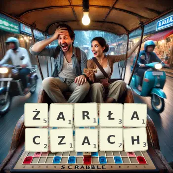 Kreatywna ilustracja do gry w Scrabble ze słowem ŻARŁACZACH ułożonym z płytek na planszy.