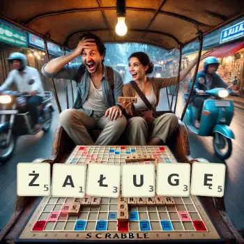 Kreatywna ilustracja do gry w Scrabble ze słowem ŻAŁUGĘ ułożonym z płytek na planszy.