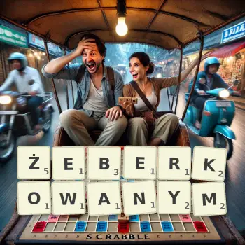 Kreatywna ilustracja do gry w Scrabble ze słowem ŻEBERKOWANYM ułożonym z płytek na planszy.