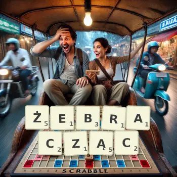 Kreatywna ilustracja do gry w Scrabble ze słowem ŻEBRACZĄC ułożonym z płytek na planszy.
