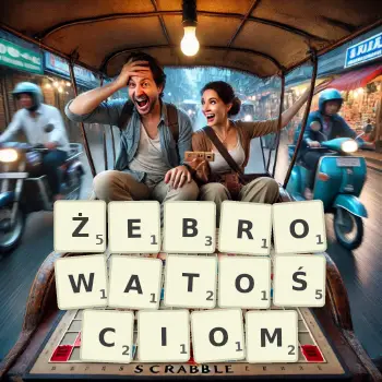 Kreatywna ilustracja do gry w Scrabble ze słowem ŻEBROWATOŚCIOM ułożonym z płytek na planszy.