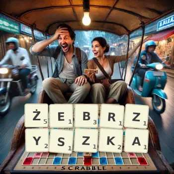 Kreatywna ilustracja do gry w Scrabble ze słowem ŻEBRZYSZKA ułożonym z płytek na planszy.