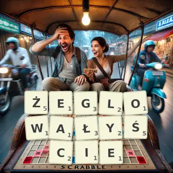 Kreatywna ilustracja do gry w Scrabble ze słowem ŻEGLOWAŁYŚCIE ułożonym z płytek na planszy.