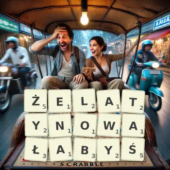 Kreatywna ilustracja do gry w Scrabble ze słowem ŻELATYNOWAŁABYŚ ułożonym z płytek na planszy.