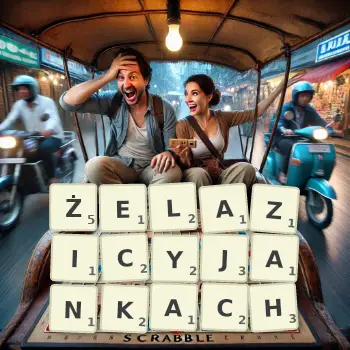 Kreatywna ilustracja do gry w Scrabble ze słowem ŻELAZICYJANKACH ułożonym z płytek na planszy.