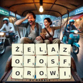 Kreatywna ilustracja do gry w Scrabble ze słowem ŻELAZOFOSFOROWI ułożonym z płytek na planszy.