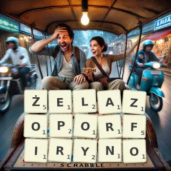 Kreatywna ilustracja do gry w Scrabble ze słowem ŻELAZOPORFIRYNO ułożonym z płytek na planszy.