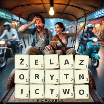 Kreatywna ilustracja do gry w Scrabble ze słowem ŻELAZORYTNICTWO ułożonym z płytek na planszy.