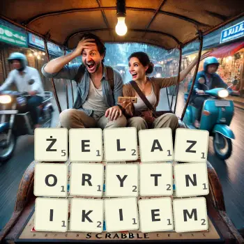 Kreatywna ilustracja do gry w Scrabble ze słowem ŻELAZORYTNIKIEM ułożonym z płytek na planszy.
