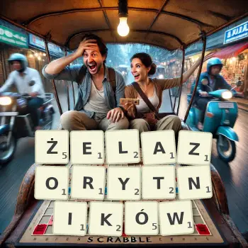 Kreatywna ilustracja do gry w Scrabble ze słowem ŻELAZORYTNIKÓW ułożonym z płytek na planszy.