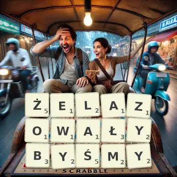 Kreatywna ilustracja do gry w Scrabble ze słowem ŻELAZOWAŁYBYŚMY ułożonym z płytek na planszy.