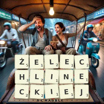 Kreatywna ilustracja do gry w Scrabble ze słowem ŻELECHLINECKIEJ ułożonym z płytek na planszy.