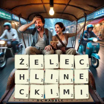 Kreatywna ilustracja do gry w Scrabble ze słowem ŻELECHLINECKIMI ułożonym z płytek na planszy.