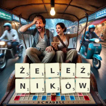 Kreatywna ilustracja do gry w Scrabble ze słowem ŻELEŹNIKÓW ułożonym z płytek na planszy.