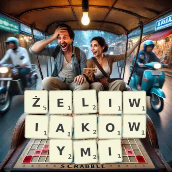 Kreatywna ilustracja do gry w Scrabble ze słowem ŻELIWIAKOWYMI ułożonym z płytek na planszy.