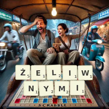 Kreatywna ilustracja do gry w Scrabble ze słowem ŻELIWNYMI ułożonym z płytek na planszy.