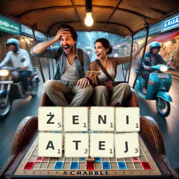Kreatywna ilustracja do gry w Scrabble ze słowem ŻENIATEJ ułożonym z płytek na planszy.