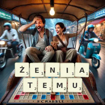 Kreatywna ilustracja do gry w Scrabble ze słowem ŻENIATEMU ułożonym z płytek na planszy.