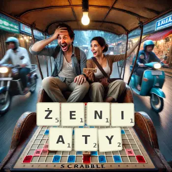 Kreatywna ilustracja do gry w Scrabble ze słowem ŻENIATY ułożonym z płytek na planszy.