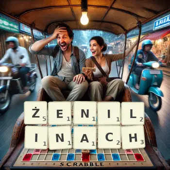 Kreatywna ilustracja do gry w Scrabble ze słowem ŻENILINACH ułożonym z płytek na planszy.