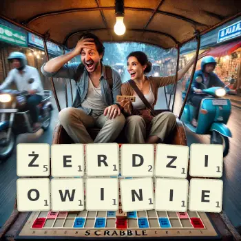 Kreatywna ilustracja do gry w Scrabble ze słowem ŻERDZIOWINIE ułożonym z płytek na planszy.