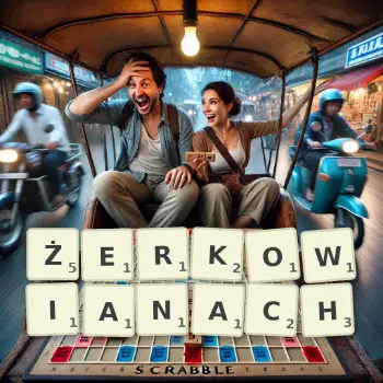Kreatywna ilustracja do gry w Scrabble ze słowem ŻERKOWIANACH ułożonym z płytek na planszy.