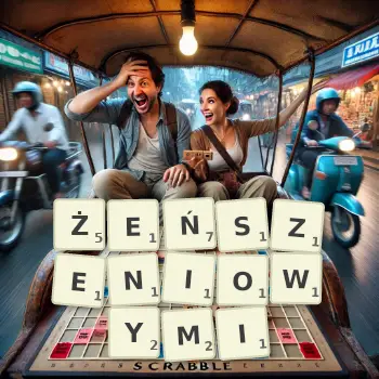 Kreatywna ilustracja do gry w Scrabble ze słowem ŻEŃSZENIOWYMI ułożonym z płytek na planszy.