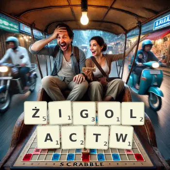 Kreatywna ilustracja do gry w Scrabble ze słowem ŻIGOLACTW ułożonym z płytek na planszy.