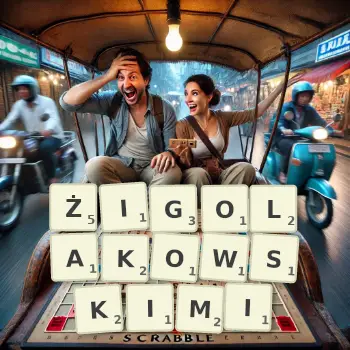 Kreatywna ilustracja do gry w Scrabble ze słowem ŻIGOLAKOWSKIMI ułożonym z płytek na planszy.