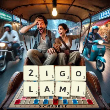 Kreatywna ilustracja do gry w Scrabble ze słowem ŻIGOLAMI ułożonym z płytek na planszy.